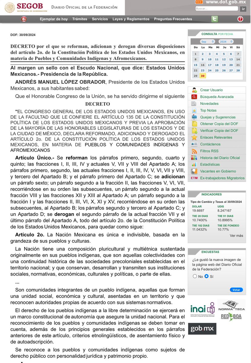 INPI (@inpimx) on Twitter photo #Entérate | 📢
¡Ya es constitucional!
Se publica en el Diario Oficial de la Federación, (<a href="/DOF_SEGOB/">Diario Oficial DOF</a>), el DECRETO por el que se reforman, adicionan y derogan diversas disposiciones del artículo 2o. de la Constitución Política de los Estados Unidos Mexicanos, en materia de #Entérate | 📢
¡Ya es constitucional!
Se publica en el Diario Oficial de la Federación, (<a href="/DOF_SEGOB/">Diario Oficial DOF</a>), el DECRETO por el que se reforman, adicionan y derogan diversas disposiciones del artículo 2o. de la Constitución Política de los Estados Unidos Mexicanos, en materia de