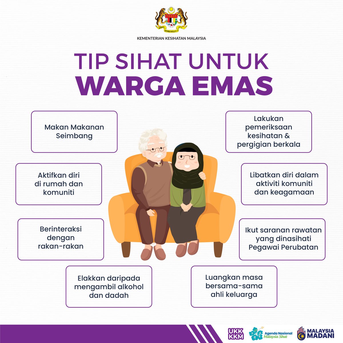 KKMPutrajaya's tweet photo. 👵👴 Pelbagai faktor yang mempengaruhi pilihan kehidupan di usia emas dalam menentukan kesejahteraan hidup mereka.

❤️ Berikan sokongan dan dukungan kepada ibu bapa anda agar usia tua mereka dipenuhi dengan kasih sayang dan perhatian tidak berbelah bahagi daripada insan yang tersayang. 

#KKMPrihatin
#KKMSihat
#MalaysiaMADANI