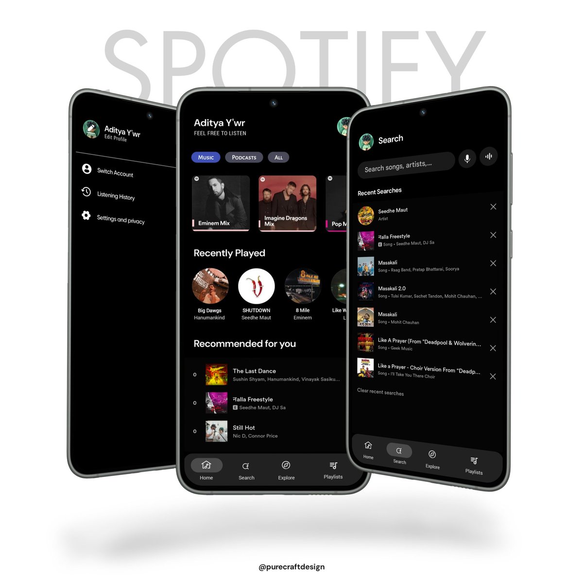 PureCraftDesign's tweet image. Just finished a fresh redesign concept for Spotify! 🎶 Took a Lil bit @youtubemusic ui inspiration minimalist approach with a focus on enhanced user experience. Would love to hear what you think! @Spotify @spotifyindia

 #uidesign #SpotifyRedesign  #UX