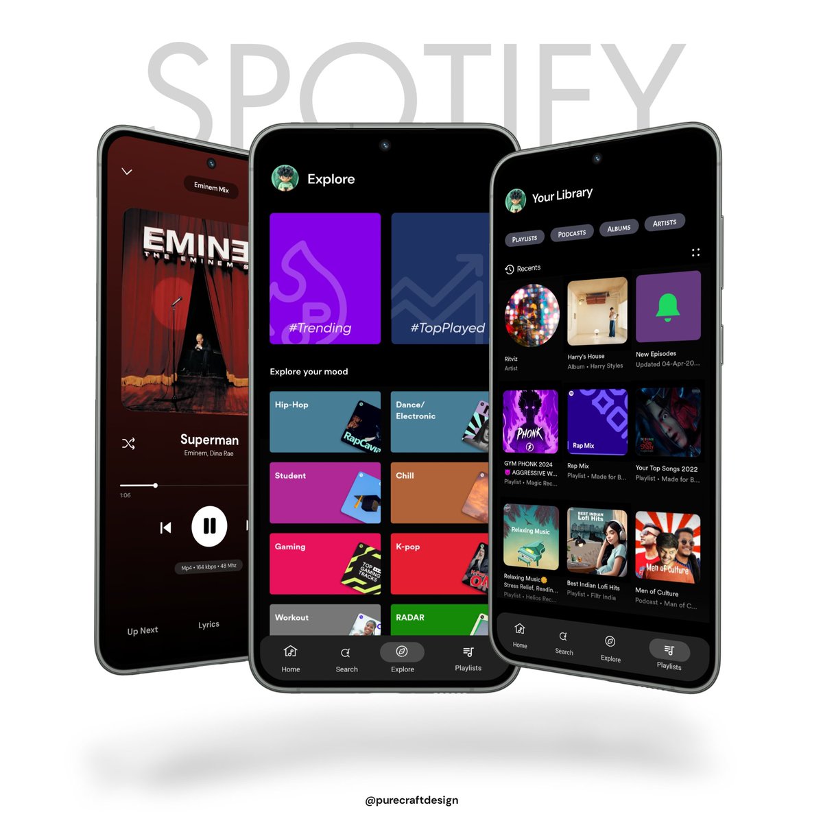 PureCraftDesign's tweet image. Just finished a fresh redesign concept for Spotify! 🎶 Took a Lil bit @youtubemusic ui inspiration minimalist approach with a focus on enhanced user experience. Would love to hear what you think! @Spotify @spotifyindia

 #uidesign #SpotifyRedesign  #UX