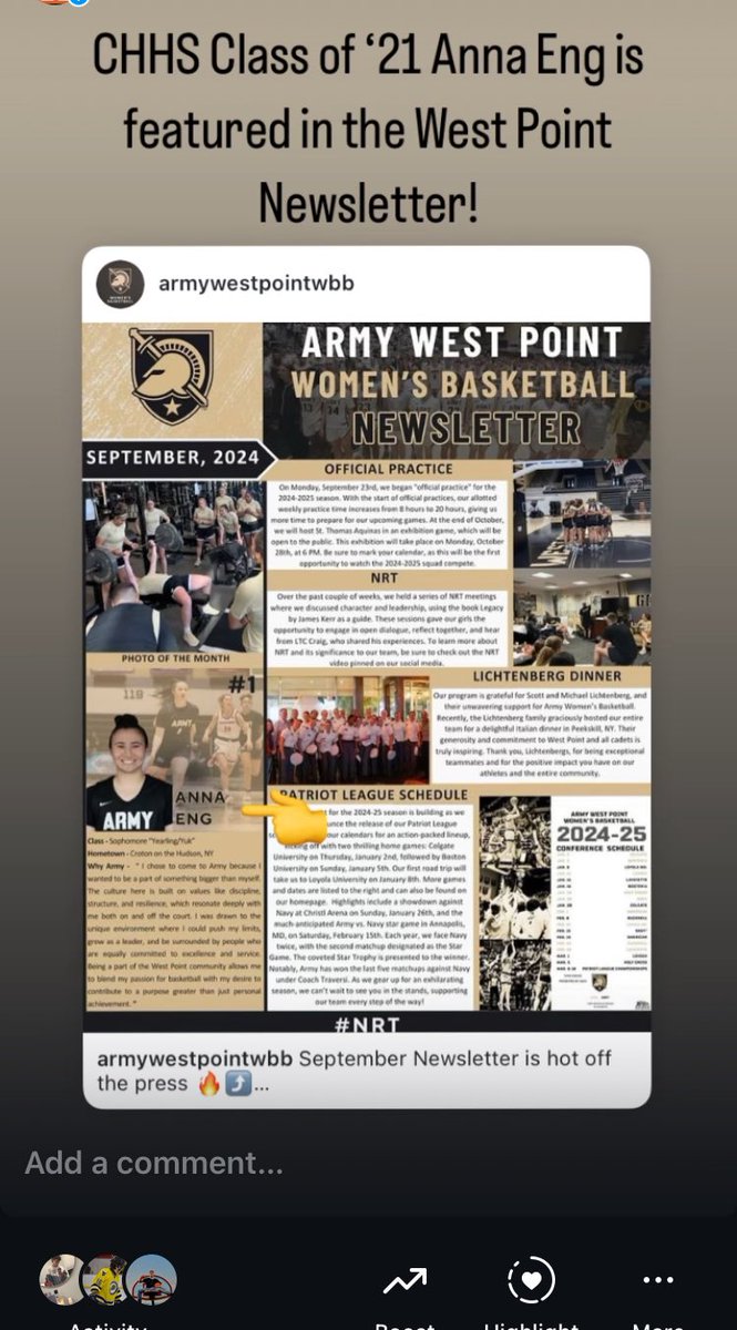CrotonAthletics's tweet image. 🏀⚔️CHHS Class of ‘21 Basketball standout, Anna Eng is featured in the West Point Army Women’s Basketball Newsletter. We are proud of you Anna! Tiger Nation can’t wait to follow your 🏀season and career path! #1000pointclub
