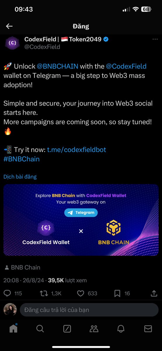 Yuxii96's tweet image. 🔥🔥🔥 #Codexfield là đối tác của #BNB.
🔥🔥🔥 Cách chơi đơn giản không cần đào, làm nhiệm vụ để nhận airdrop. Sau đó mời F1
🛒🛒🛒 Cung cấp 10 triệu là rất hiếm.
👇👇👇 Liên kết tham gia: t.me/codexfieldbot/…