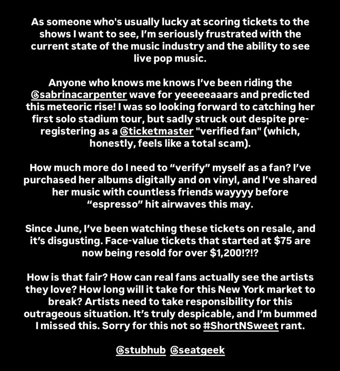 briancrowley's tweet photo. do better @Ticketmaster @StubHub @SeatGeek @SabrinaAnnLynn https://t.co/5R3py37DbA