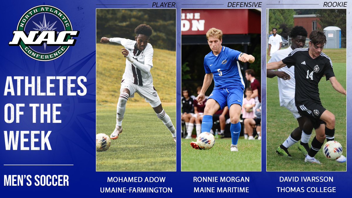 NAC Men’s Soccer ⚽️ | Athletes of the Week – Sept. 30, 2024 

Player of the Week – Mohamed Adow, UMaine-Farmington
Def. Player of the Week – Ronnie Morgan, Maine Maritime Academy
Rookie of the Week – David Ivarsson, Thomas College
#NACmsoc #d3soc 

🔗 link in bio for full release