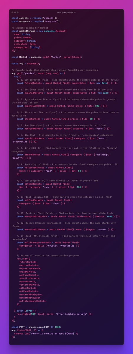 AaryanBajaj18's tweet image. All MongoDB Query Operators in single sheet 💡