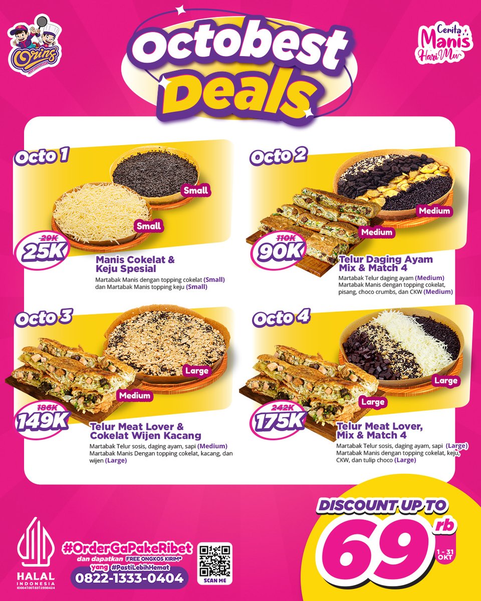 Martabak Pizza Orins (@martabakorins) on Twitter photo 🎉🍂 Octobest Deals udah mendarat, gengs! 🍂🎉
Bulan Oktober ini makin manis sama promo spesial dari <a href="/martabakorins/">Martabak Pizza Orins</a>! 😍✨
Diskonnya gak tanggung-tanggung, bisa sampai 69K lho! 😱
📍 Seluruh outlet Martabak Pizza Orins
📞 Langsung WA ke 0822-1333-0404 buat dapetin FREE ONGKIR! 🎉🍂 Octobest Deals udah mendarat, gengs! 🍂🎉
Bulan Oktober ini makin manis sama promo spesial dari <a href="/martabakorins/">Martabak Pizza Orins</a>! 😍✨
Diskonnya gak tanggung-tanggung, bisa sampai 69K lho! 😱
📍 Seluruh outlet Martabak Pizza Orins
📞 Langsung WA ke 0822-1333-0404 buat dapetin FREE ONGKIR!