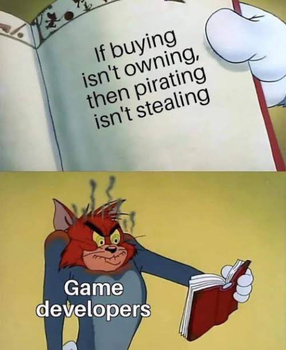 Meme about digital ownership showing a person holding a game case vs digital download