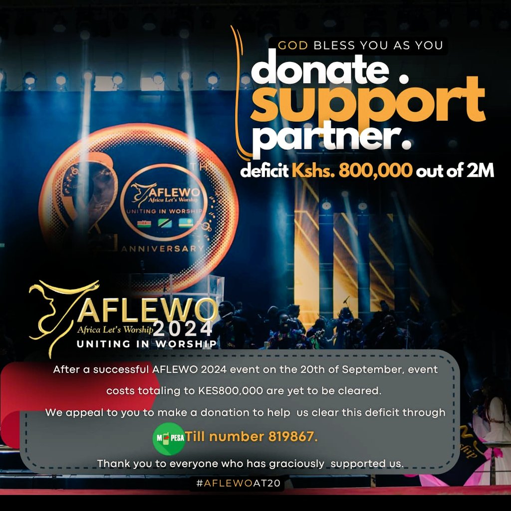 Thank you, Your generosity so far has helped make AFLEWO 2024 happen. We still have pending event costs that we hope to clear soon and we appeal to you to Join us as we take this step of Faith. Every donation received goes towards this

#AFLEWOat20 #UnitingInWorship #AFLEWO2024