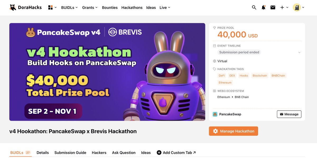 PancakeSwap's tweet image. ⚔️ Submissions are in for the v4 Hookathon! A huge thank you to all the builders for participating! 🙌

🗓️ Stay tuned for our Finalist Announcement on October 7 at 12 PM UTC

📺Finalists will be invited to showcase their projects in a live demo right after the announcement!