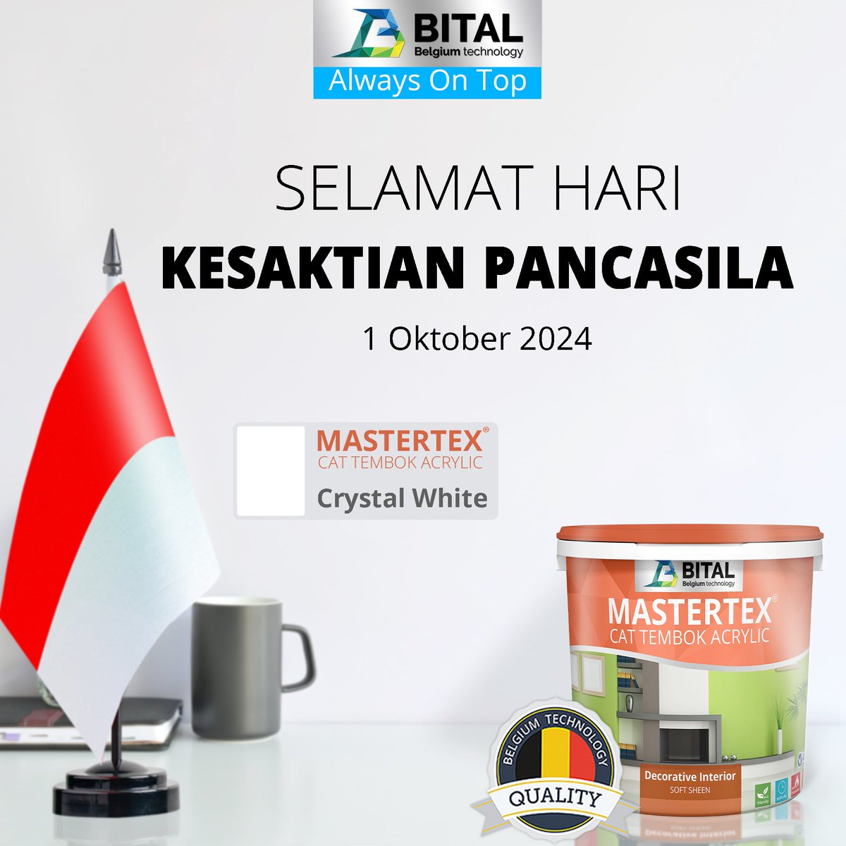 pt_bitalasia's tweet photo. Bital Asia Mengucapkan : "Selamat memperingati Hari Kesaktian Pancasila". βπ²π¨π²π¨
#HariKesaktianPancasila #pancasilasakti #catberkualitas #bitaluntukindonesia #mastertex #cat #cattembok #catdinding #WarnaIndonesia #bital #bitalalwaysontop https://t.co/bLq0rIF9av