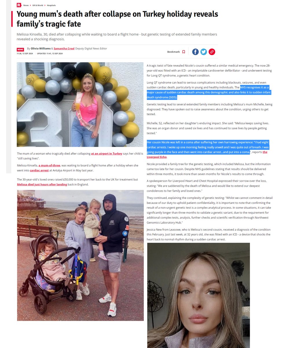 MakisMedicine's tweet photo. UK - Two cousins, ages 30 and 28, suffered cardiac arrests.
30 yo Melissa Kinsella collapsed at a Turkish airport on May 15, 2023 & died
28 yo Nicole, her cousin, had 8 cardiac arrests.
It couldn't be the COVID-19 mRNA Vaccines that cause cardiac damage in 1 in 30 people per jab. No, it had to be something else.
It took doctors 7 months to come up with a "genetic condition" to try and explain this.
Suddenly, everyone will have a "genetic condition" predisposing them to mRNA jab-like cardiac arrests
Another cousin, 32 year old Jessica New, was also diagnosed with the same genetic condition and was fitted with an ICD.
#DiedSuddenly