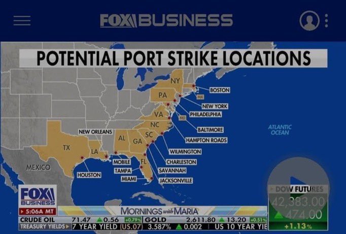 BLIN0002's tweet photo. #BreakingNews The International Longshoremen's association (ILA) is officially on strike at 16 ports across the entire east coast and all of the gulf coast in the united states.
Buckle up everyone.
#ILA #ILAStrike #PortStrikes #Strike #Strikes #PortStrike #Port #longshoremenstrike