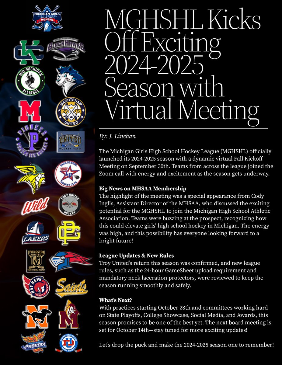 The Michigan Girls High School Hockey League (MGHSHL) officially launched its 2024-2025 season with a dynamic virtual Fall Kickoff Meeting on September 30th. Teams from across the league joined the Zoom call with energy and excitement as the season gets underway. #MGHSHL2025