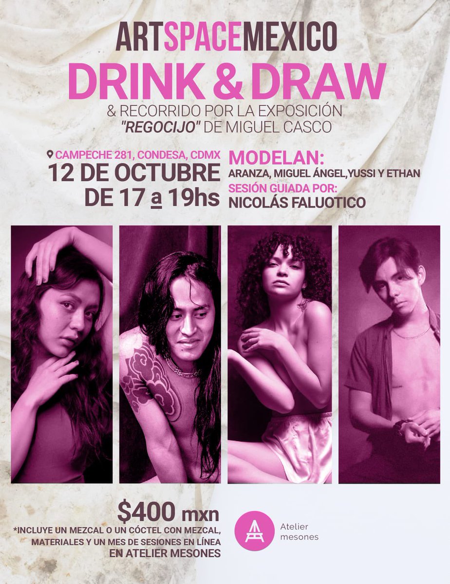 Tenemos una cita el próximo sábado 12 de octubre en @artspacemexico_ para dibujar ✏️, beber 🍻 y regocijarnos 💐.

La dinámica incluirá poses en pareja de 1, 5, 10 y 20 min y la sesión será guiada por <a href="/falu_177/">Nico Faluotico</a> .

¡Les esperamos! 🌈 ✨