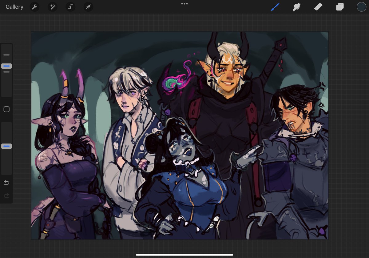 cerisent45's tweet photo. today's warm-up. I just wanted to draw all my bg3 characters  

right to left is lillathra she's a sorcerer, vorya he's a warlock, then kali who's a bard, vala a cleric, and then fane who's a palidan https://t.co/rVq99wMPo3