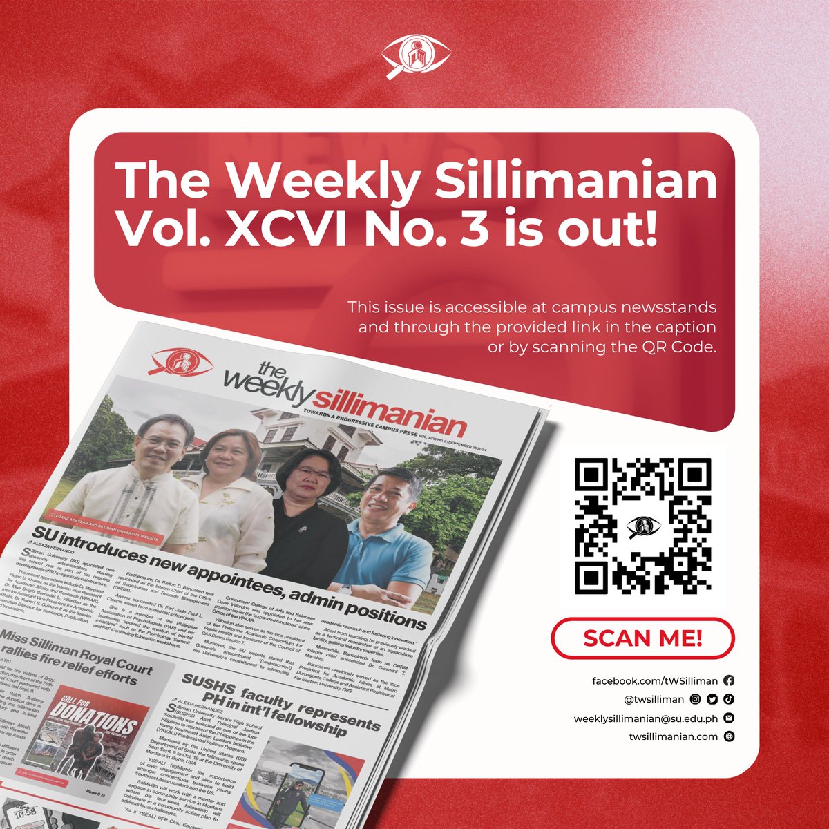 The physical copies of the 3rd issue of the Weekly Sillimanian Vol. XCVI are now out!

The online version of the issue can also be accessed through this link: tinyurl.com/tWS-VolXCVI-Is…

#tWSMagnify2024