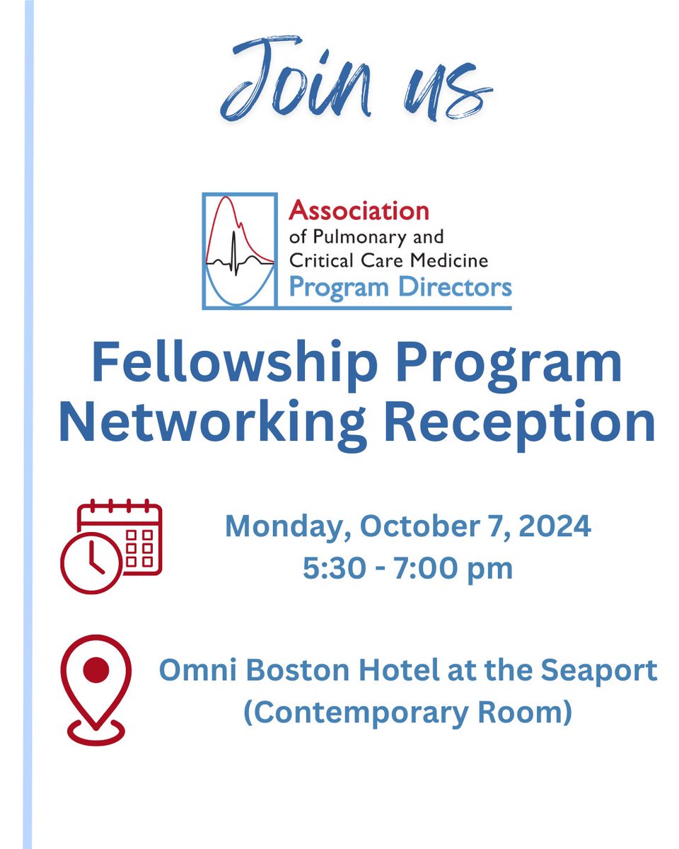 Fellowship Program Networking Reception at #CHEST2024!
🗓️ Oct 7, 2024, 5:30 - 7:00 PM
📍 Omni Boston Hotel at the Seaport, Contemporary Room
tinyurl.com/4w5nknnh 
#PCCM #meded #pulmCCM #PCCMedEd