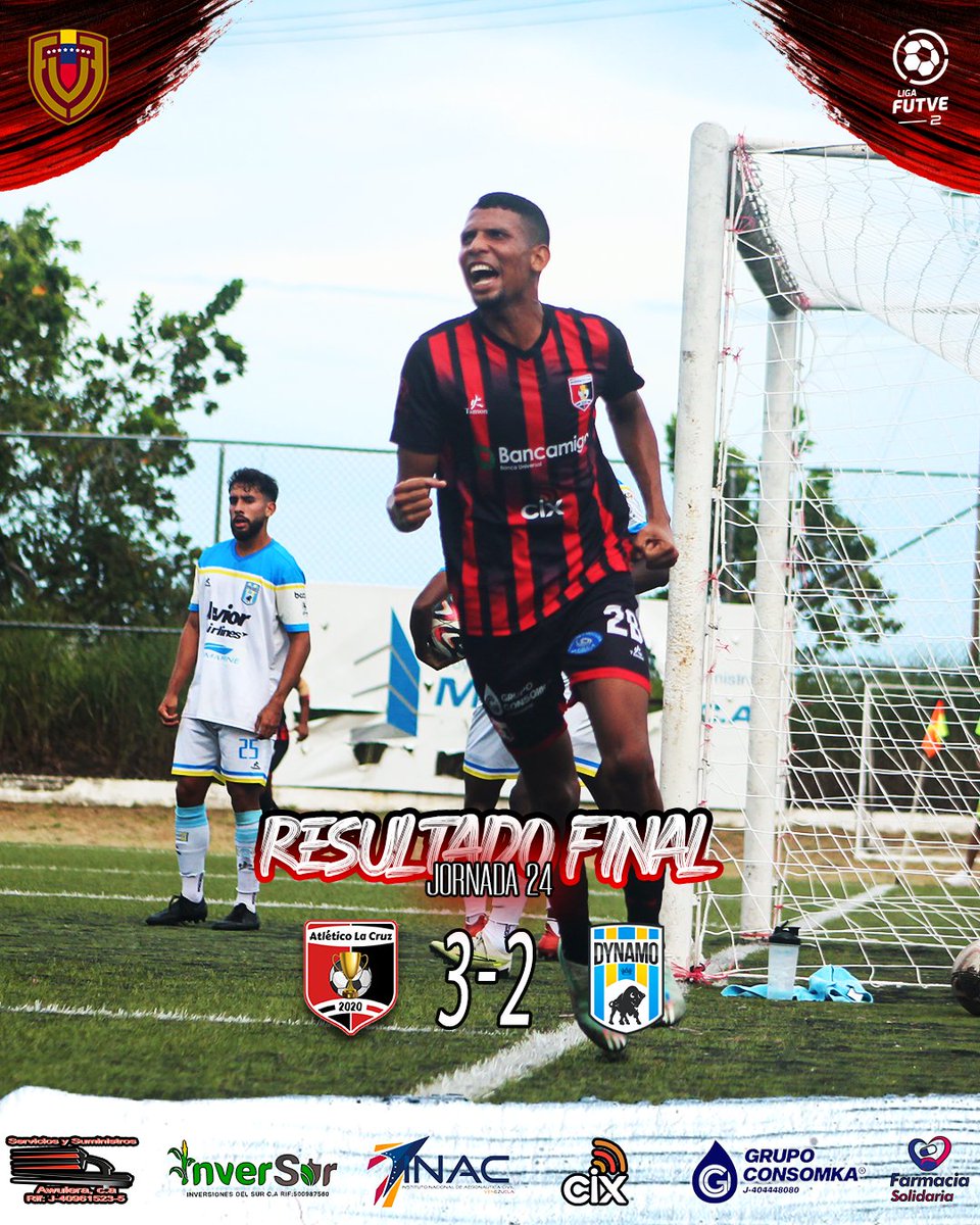 ¡𝐓𝐎𝐃𝐎 𝐎 𝐍𝐀𝐃𝐀, ➕3️⃣ 𝐄𝐍 𝐂𝐀𝐒𝐀! 🔥

#LigaFUTVE2  | J24 | Final del partido. 

Atlético La Cruz 3-2 Dynamo Puerto FC 

⚽️ Tony Urbano 9’ 
⚽️ Carlos Alemán 24’ (P) 
⚽️ Jean Mujica 59’ 
X
Santiago Villegas 73’ 
Danglar Calzadilla 85’ 

🏟 Comanche Bottini

#EstoEsLaCruz