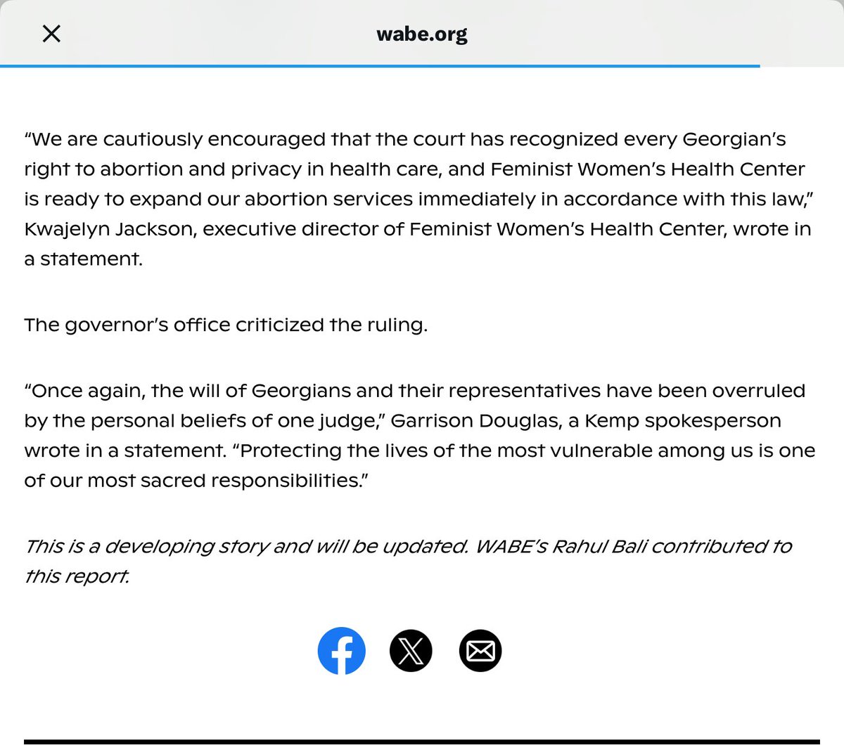 The ruling by Judge McBurney

Restoring reproductive freedom to Georgia

Is great news

As is the decision by providers to resume services

But Governor Kemp’s office attacked the decision

And the Georgia AG vowed to appeal

Never forget the misogyny that defines the GOP

Never