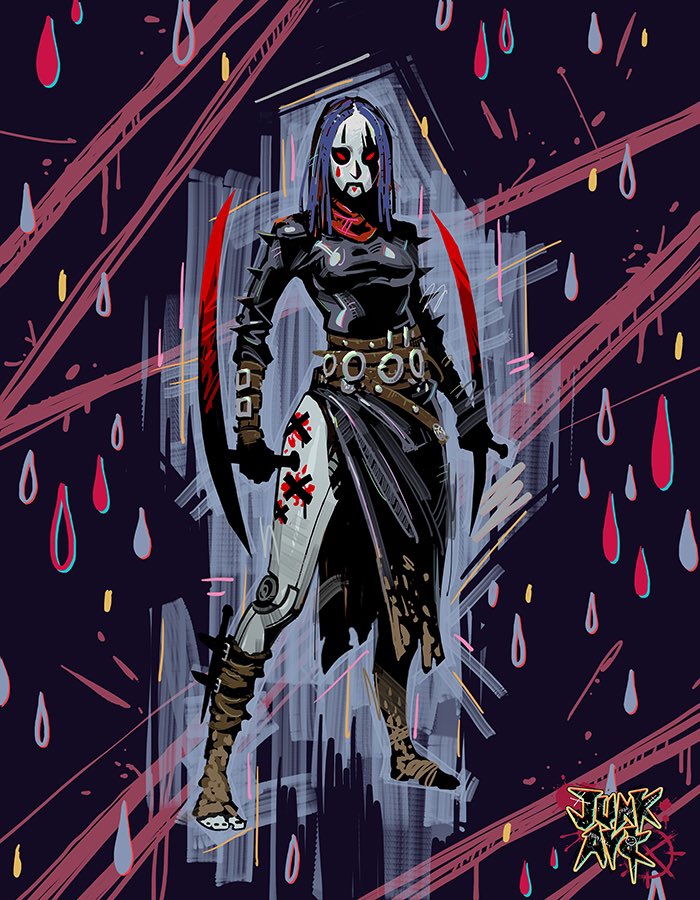 She is an assassin. No one knows her life or past. Only the blood and tears she swallows sharpen her blade. And where that blade is headed is...

#assassincharacter #assassinart #dualblade #darkcharacters #indiegamecharacter #indiegameart #gameconceptart #burningbone #junkark