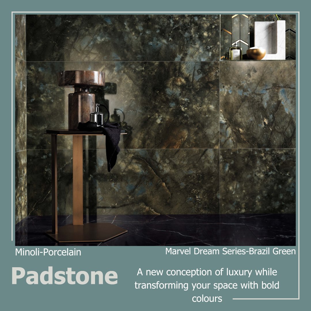 With lustrous accents of emerald &amp; golden olive greens, this tile is inspired by the precious mineral Labradonite. Marvel Dream- Brazil Green from <a href="/minolitiles/">Minoli</a> would make a beautiful feature wall with these striking deep colours.  #minolitiles #porcelain #luxurytiles #bathroom