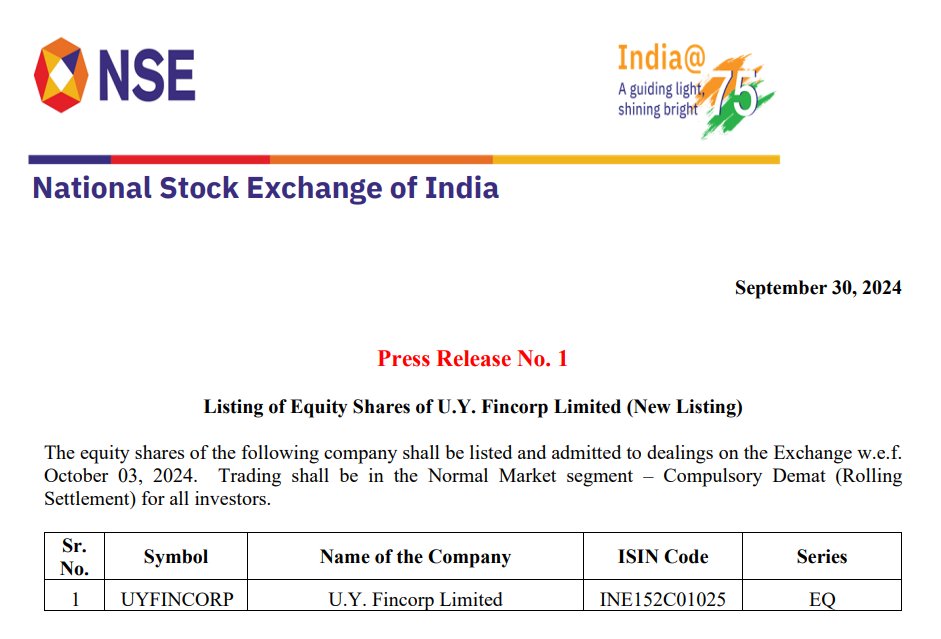vluxeinvests's tweet image. U.Y. Fincorp Ltd shares will be listed and traded on the main board of #NSE starting 3rd October 2024.

#UYFincorp #StockMarket #ListingUpdate