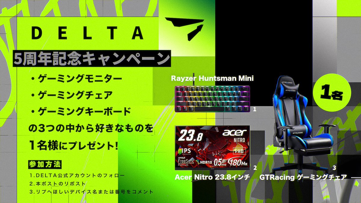 /／
㊗️DELTA5周年記念キャンペーン🥳
\＼

皆様いつも応援ありがとうございます🙂‍↕️
日頃からの感謝の気持ちを込めて
プレゼントキャンペーン開催-`🙌🏻´-

🎁プレゼント🎁
①ゲーミングキーボード
②ゲーミングモニター
③ゲーミングチェア
から１つ好きなデバイスを1名様に✨

🔻応募方法🔻