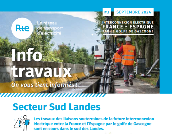 RTE_SudOuest's tweet photo. Les travaux du projet d’interconnexion électrique Golfe de Gascogne, reliant la #France et l’#Espagne 🇫🇷🇪🇸, se poursuivent. Actuellement, la construction de la liaison souterraine est en cours à #Seignosse 🚧:
➡️RD 152 : semaines 38 à 40
➡️RD 86 : semaines 39 à 40
➡️RD 89 : semaine 40
Nos équipes mettent tout en œuvre pour minimiser la gêne occasionnée. 
▶️Pour en savoir + : https://t.co/cfzsH9TIFd