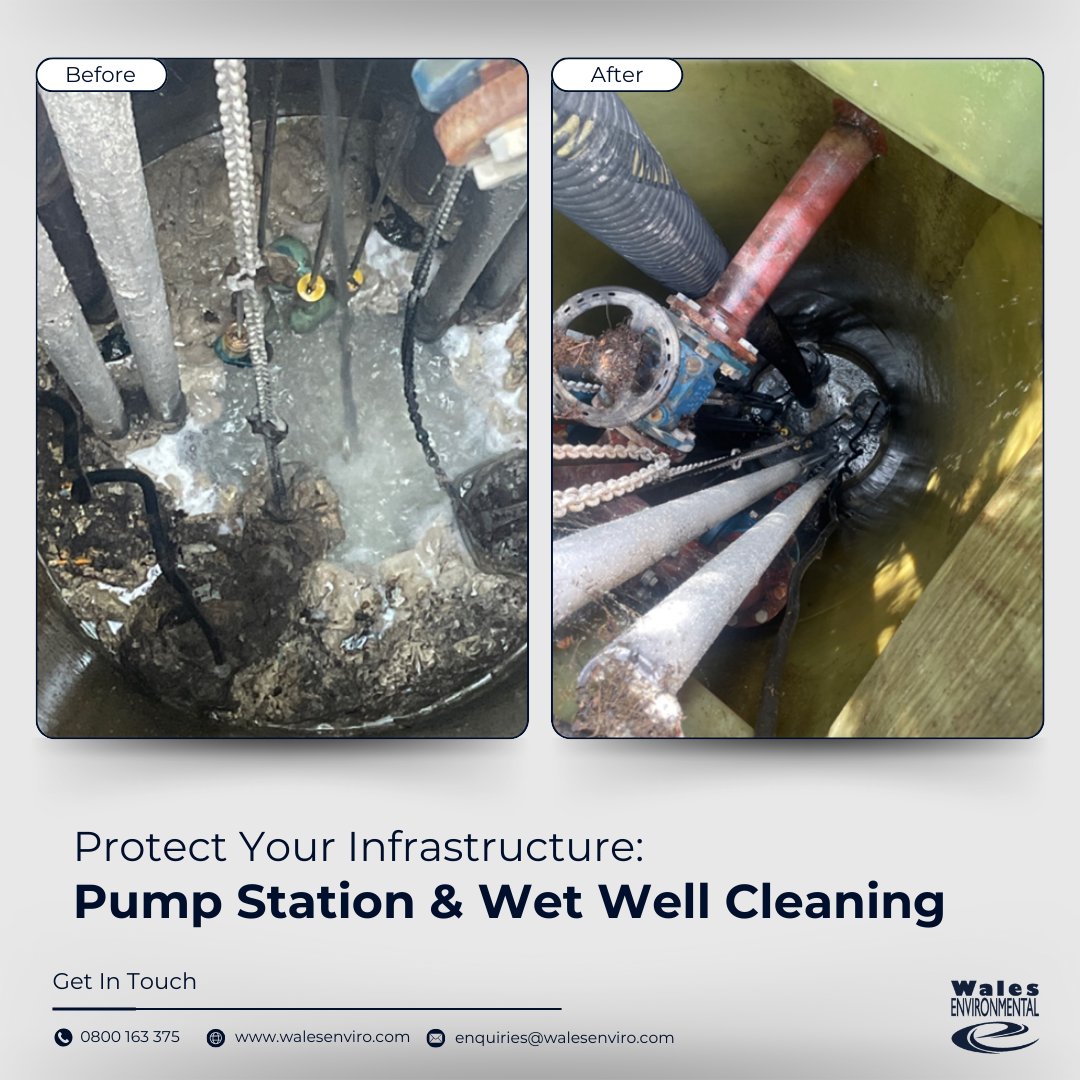 Regular maintenance of sewage pump stations &amp; wet wells prevents blockages, downtime &amp; costly repairs. Our suction &amp; jetting services keep your system running smoothly.

📞 0800 163 375 
📧 enquiries@walesenviro.com 

#Drainage #PumpStation