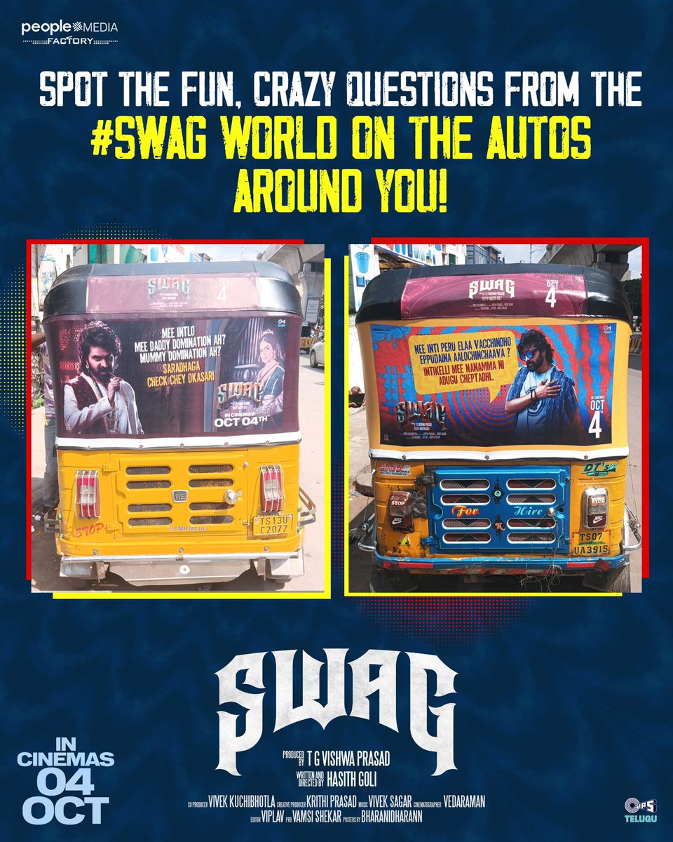 UrsVamsiShekar's tweet photo. Do you have ANSWERS for these SWAGIFIED Questions? 🧐

Spot - Click - Answer - Post using the  #SWAGQuestions & tag the team. 😉

#SWAGTrailer is 𝐓𝐑𝐄𝐍𝐃𝐈𝐍𝐆 𝐓𝐎𝐏 on #YouTube 😎 - https://t.co/lmJxUSRc40

#SWAGTheFilm Releasing Worldwide on October 4th! ❤‍🔥 #SWAGFromOct4th 🥳

@sreevishnuoffl @riturv #MeeraJasmine @DakshaOfficial #SharanyaPradeep @vishwaprasadtg @hasithgoli #VivekSagar @peoplemediafcy @vivekkuchibotla #KrithiPrasad @suneeltollywood #RaviBabu @getupsrinu3 #GopaRajuRamana @veda_raman @editorviplav @sujithkolli @sirishchoreographer @singatheswag @tipsmusicsouth #Varunvenugopal #SreeVishnugadiCinema #అచ్చతెలుగుసినిమా