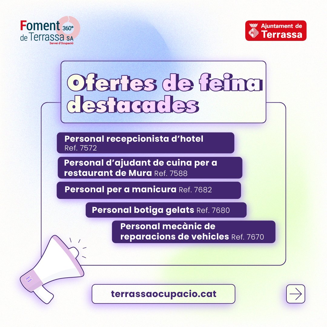 TrsOcupacio's tweet photo. 💼 Ja has consultat, aquesta setmana, les nostres ofertes de #feina?

Si estàs buscant feina, recorda visitar la nostra borsa de #treball a 👉🏼 https://t.co/aEQMzVoqzX

📲 I no t'oblidis de descarregar-te la nostra APP Terrassa Ocupació!

#FomentdeTerrassa #localitzemocupacio https://t.co/UITaeVljmb
