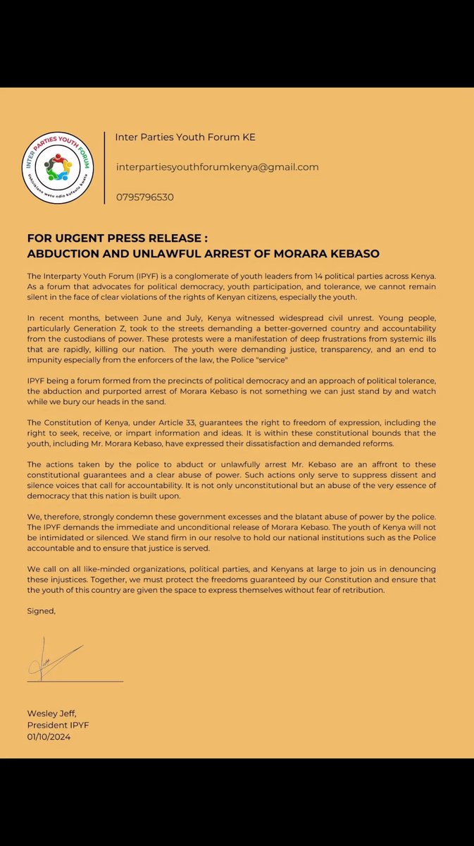 IPYF_KE's tweet photo. OFFICIAL STATEMENT OF THE IPYF ON THE ABDUCTION &amp; UNLAWFUL ARREST OF MORARA KEBASO https://t.co/oX8r0Nyz9z