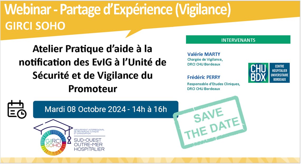 GIRCI SOHO (@gircisoho) on Twitter photo 🔜🟡Webinaire #vigilance | "Atelier Pratique d’aide à la notification des EvIG à l’Unité de Sécurité et de Vigilance du Promoteur" proposé par
<a href="/CHUBordeaux/">CHU de Bordeaux</a>
Réservé aux membres du
<a href="/gircisoho/">GIRCI SOHO</a>
⤵️Retrouvez ensuite le #replay
ici🔗bit.ly/2wwzAfY 🔜🟡Webinaire #vigilance | "Atelier Pratique d’aide à la notification des EvIG à l’Unité de Sécurité et de Vigilance du Promoteur" proposé par
<a href="/CHUBordeaux/">CHU de Bordeaux</a>
Réservé aux membres du
<a href="/gircisoho/">GIRCI SOHO</a>
⤵️Retrouvez ensuite le #replay
ici🔗bit.ly/2wwzAfY