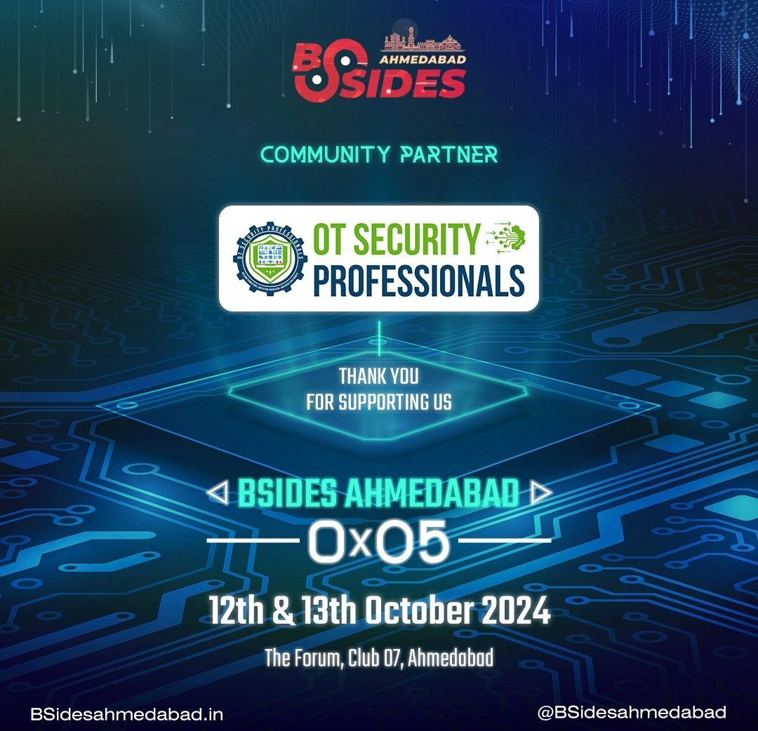 🌟 Say Hello to Our New Community Partner! 🌟

🎉 We’re thrilled to announce that @otsecuritypro ( OT Security Professionals) is teaming up with us as the official 𝐂𝐨𝐦𝐦𝐮𝐧𝐢𝐭𝐲 𝐏𝐚𝐫𝐭𝐧𝐞𝐫 for BSides Ahmedabad 0x5! 🎉

💥 Want to lock in your pass? Use code