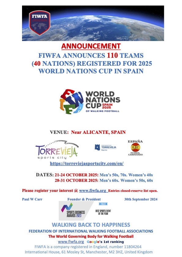 Wow, entries are now closed. An unbelievable 40 nations and 110 teams have registered interest in the 2025 World Nations Cup of Walking Football. #walkingfootball