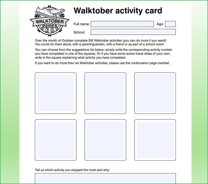 SchoolParkSafe's tweet photo. #Walktober 2024 pupil competition entry details:

#Walktober 2024 pupil competition entry details:
Submit your child’s Walktober Activity Card to enter the prize draw! 🎁
❗Enter by Friday 8th November 2024 📅
To enter: https://t.co/5Q7B95yszc https://t.co/fIz4uqhsRq