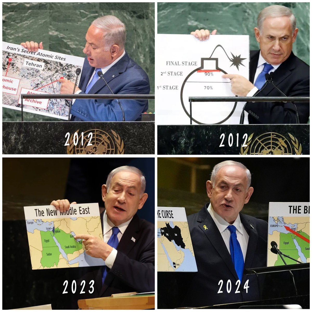 Why stress about any diagrams, visuals or presentations you need to make? If this is good enough for the UNGA and they keep inviting this clown back, if this is good enough to officially justify waging a war against  millions and killing thousands, why worry?