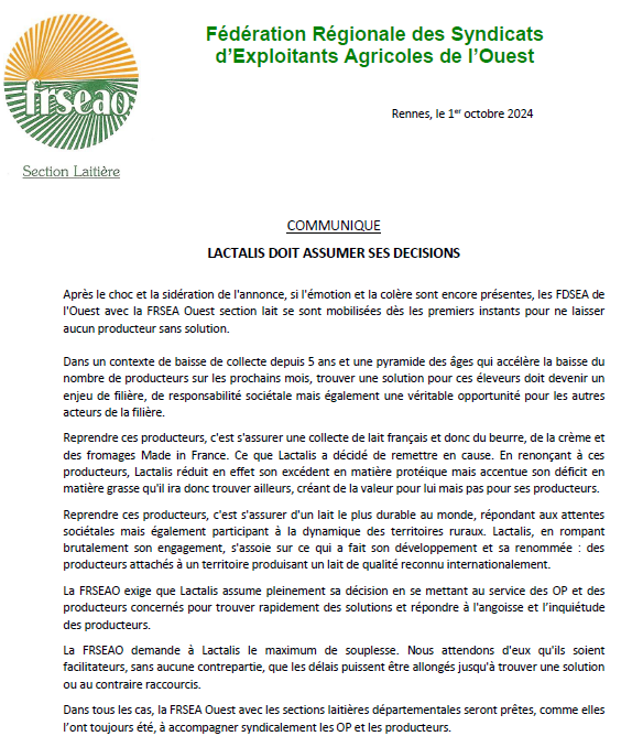 Lactalis doit désormais assumer ses décisions ! La <a href="/FRSEAOlait/">FRSEA Ouest section lait</a> et les FDSEA de l'ouest seront présentes pour accompagner les OP et les producteurs.