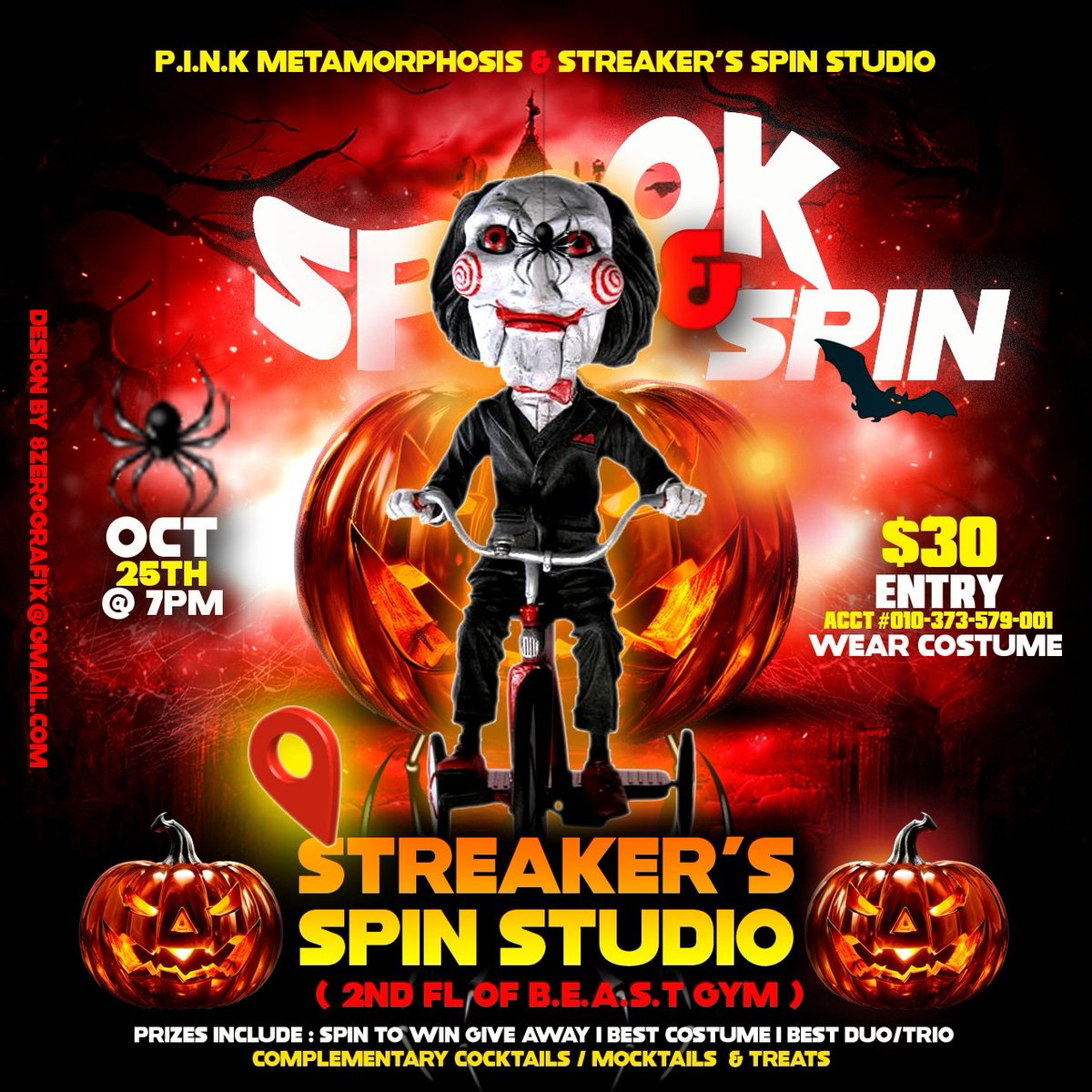 Book your bike for our "Spook &amp; Spin."

Come as you are or who you'd like to be. 

*RSVP to 537-0806 with payment confirmation.* See flyer for all details. Prizes for best costumes &amp; more

This isn't a "trick" you're in for a "treat"...
Flyer by #8zerografix