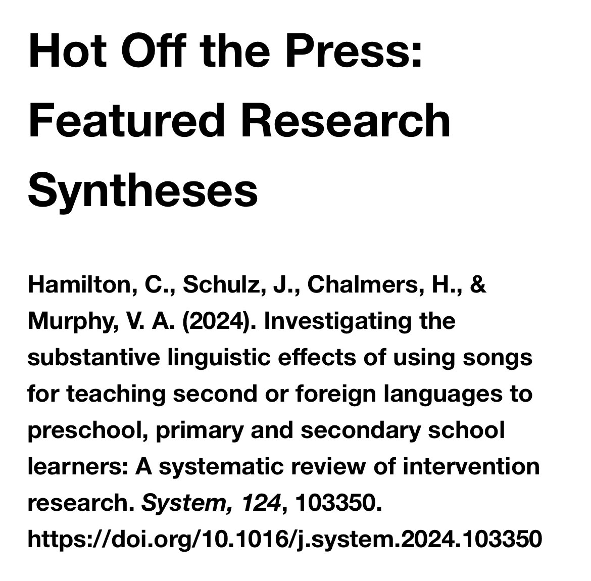 Cate Hamilton (cateh@bsky.social) (@lomo_linguist) on Twitter photo Delighted to see our #systematicreview featured in the latest BAAL research synthesis newsletter! Read and subscribe here - mailchi.mp/1e32d801c750/a… Thanks to <a href="/sinwangchong/">Sin-Wang Chong</a> for including our review of intervention research about using songs in #SLA with young learners. Delighted to see our #systematicreview featured in the latest BAAL research synthesis newsletter! Read and subscribe here - mailchi.mp/1e32d801c750/a… Thanks to <a href="/sinwangchong/">Sin-Wang Chong</a> for including our review of intervention research about using songs in #SLA with young learners.
