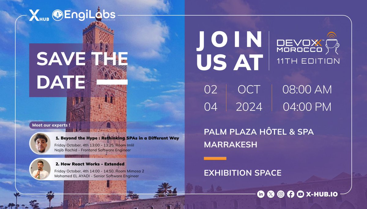 xhubio's tweet photo. Join us @DevoxxMA  from October 2-4 in sunny Marrakech!🌴
As the proud 𝗼𝗿𝗴𝗮𝗻𝗶𝘇𝗲𝗿𝘀, we’re inviting you to experience a unique opportunity to network with our talented teams, explore our company 𝗰𝘂𝗹𝘁𝘂𝗿𝗲, and discover exciting 𝗰𝗮𝗿𝗲𝗲𝗿 𝗼𝗽𝗽𝗼𝗿𝘁𝘂𝗻𝗶𝘁𝗶𝗲𝘀 https://t.co/0Cq3gYbluc