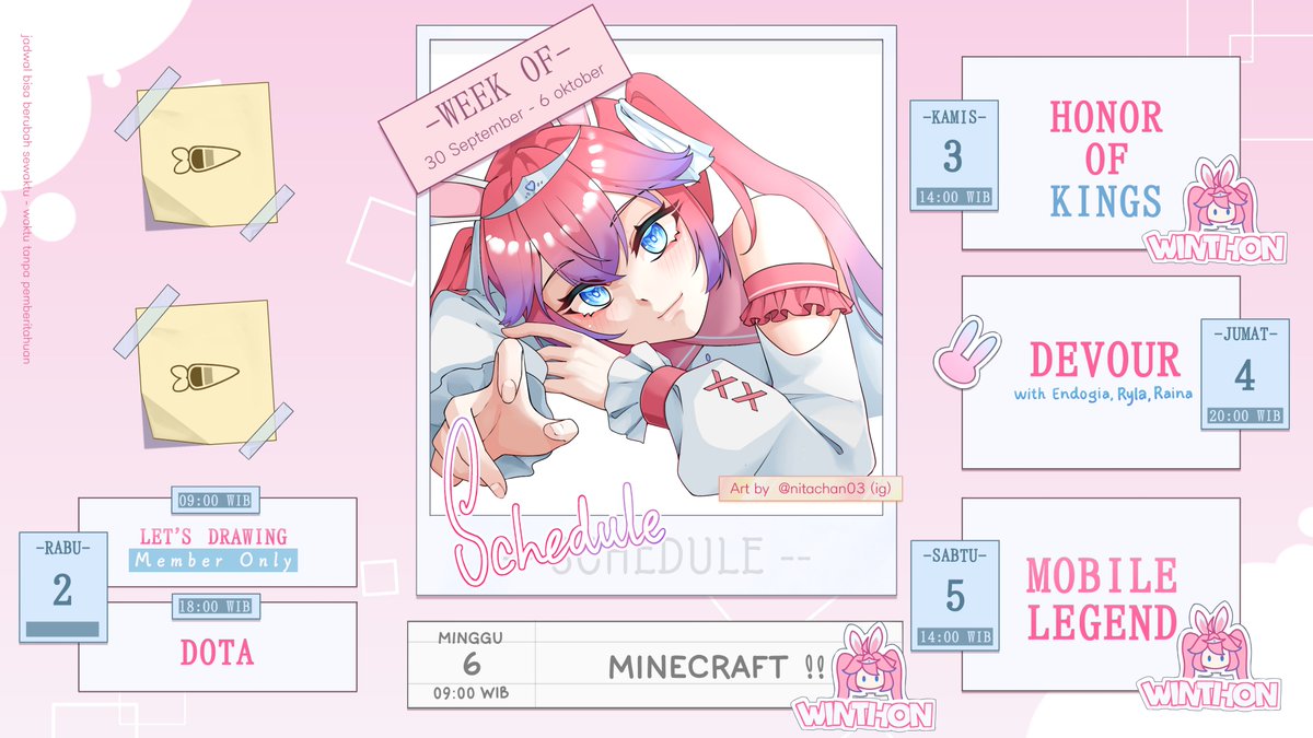 Winnieandreena's tweet photo. ⌜Winnie Weekly Schedule⌟
30 &amp; 6 September 2024

Asset &amp; Art by @nitachan03 [IG]

----------------------------------

⌜HASTAG⌟

#WinnieAndreena ⌜General⌟
#ReShow ⌜Live⌟
#Winners ⌜Fanname⌟
#FiguReena ⌜Fanarts⌟
#JoKelinci ⌜Memes⌟
#ClipAn ⌜Clips⌟ https://t.co/iQC6V7qbjm