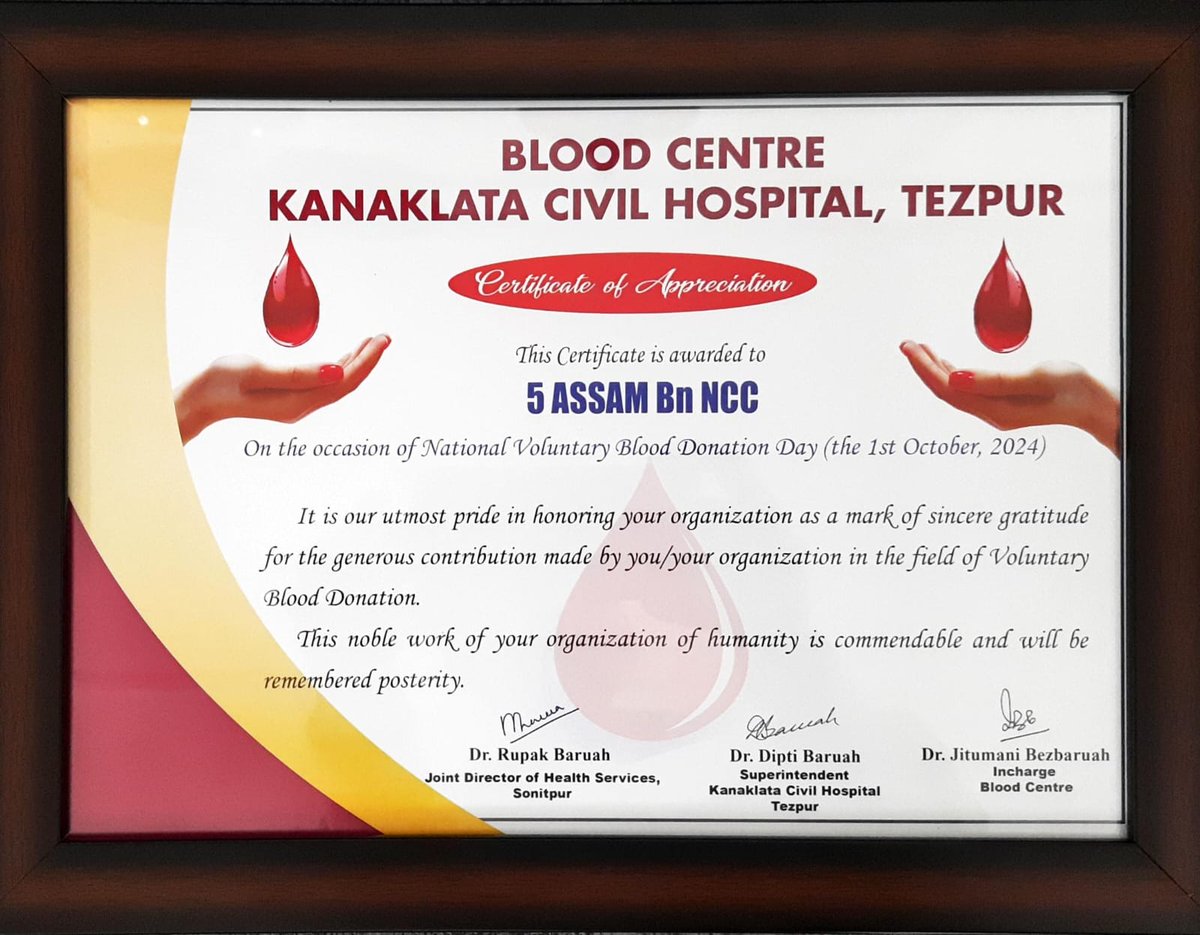 nccner's tweet photo. On the occasion of National Voluntary Blood Donation Day 2024, Cadets and PI staff of #5AssamBnNCC were honored by Kanaklata Civil Hospital for their selfless contribution to saving lives. Proud to see our team making a difference and inspiring others! 🩸💪 @HQ_DG_NCC https://t.co/tbFTaQl8RQ