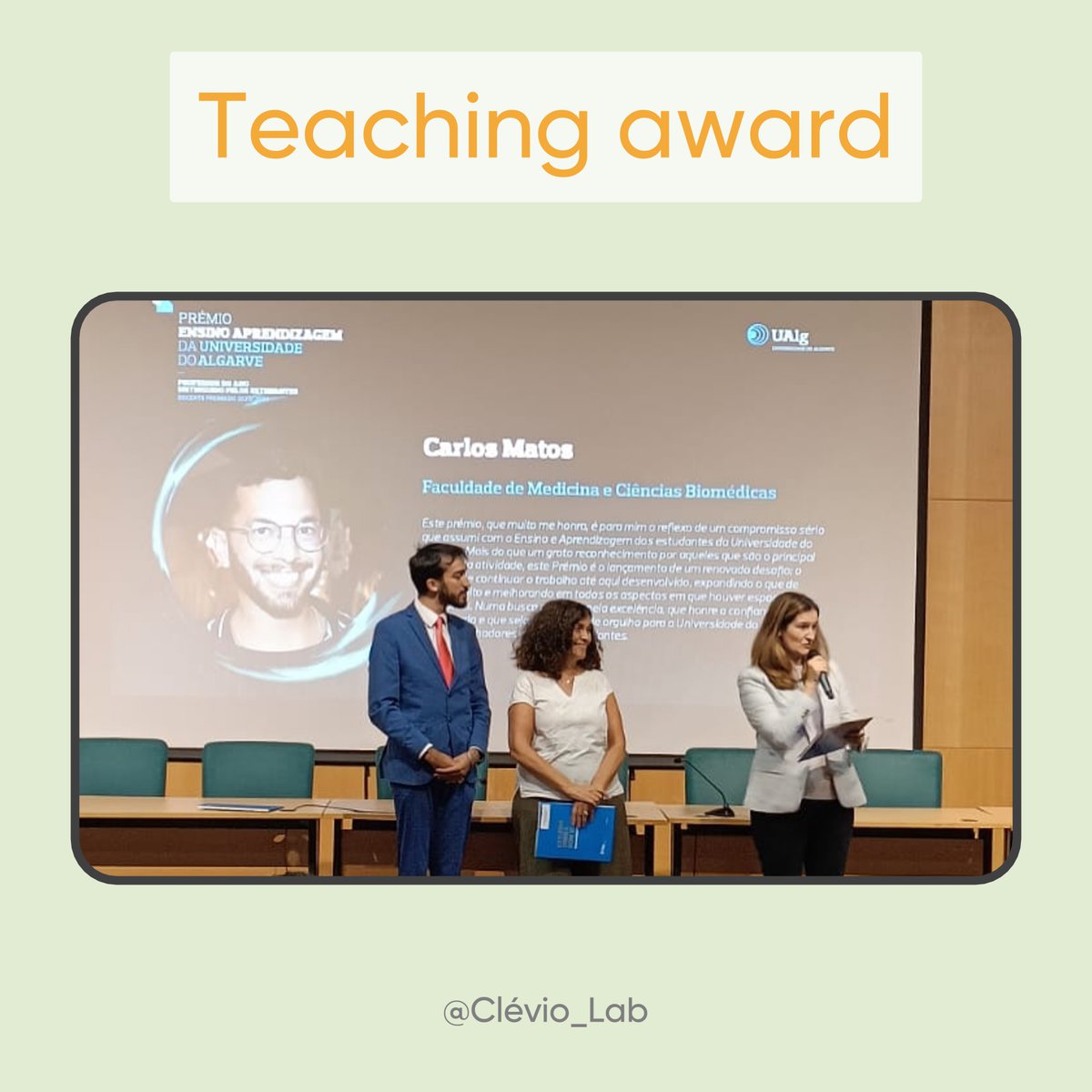 Clevio_Lab's tweet image. On September 27th, our Postdoc Carlos Matos was awarded the &quot;Prémio de Docência&quot; by the @Ualg  ! 🎉 
Congratulations, Carlos! Your dedication and passion for teaching truly shine! 👏✨

#Congratulations #TeachingExcellence #UniversityOfAlgarve #InspiringEducators