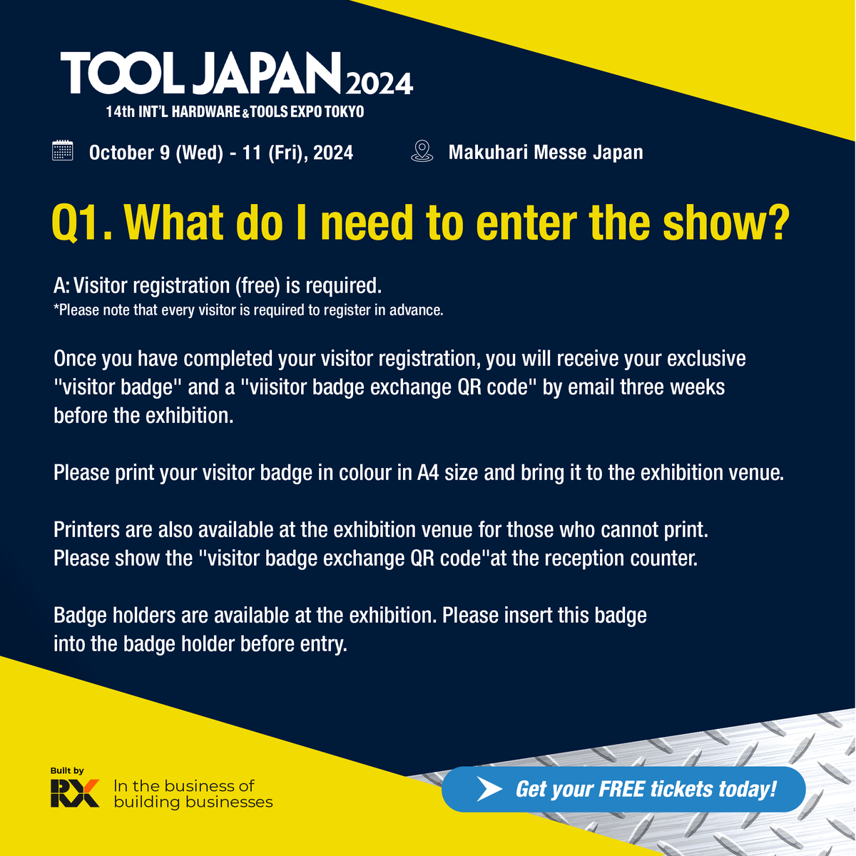 tooljapan_rx's tweet photo. TOOL JAPAN Visitor FAQ! ⚒

Got questions about attending TOOL JAPAN? We've got answers! Check our FAQ carousel for venue info, transportation tips, and event highlights to ensure a smooth visit.

👉 Register now! https://t.co/Zz9txJj4Ap

#TOOLJapan2024 #toolindustry #ToolExhibition #manufacturingtech #constructiontools #industrialdesign