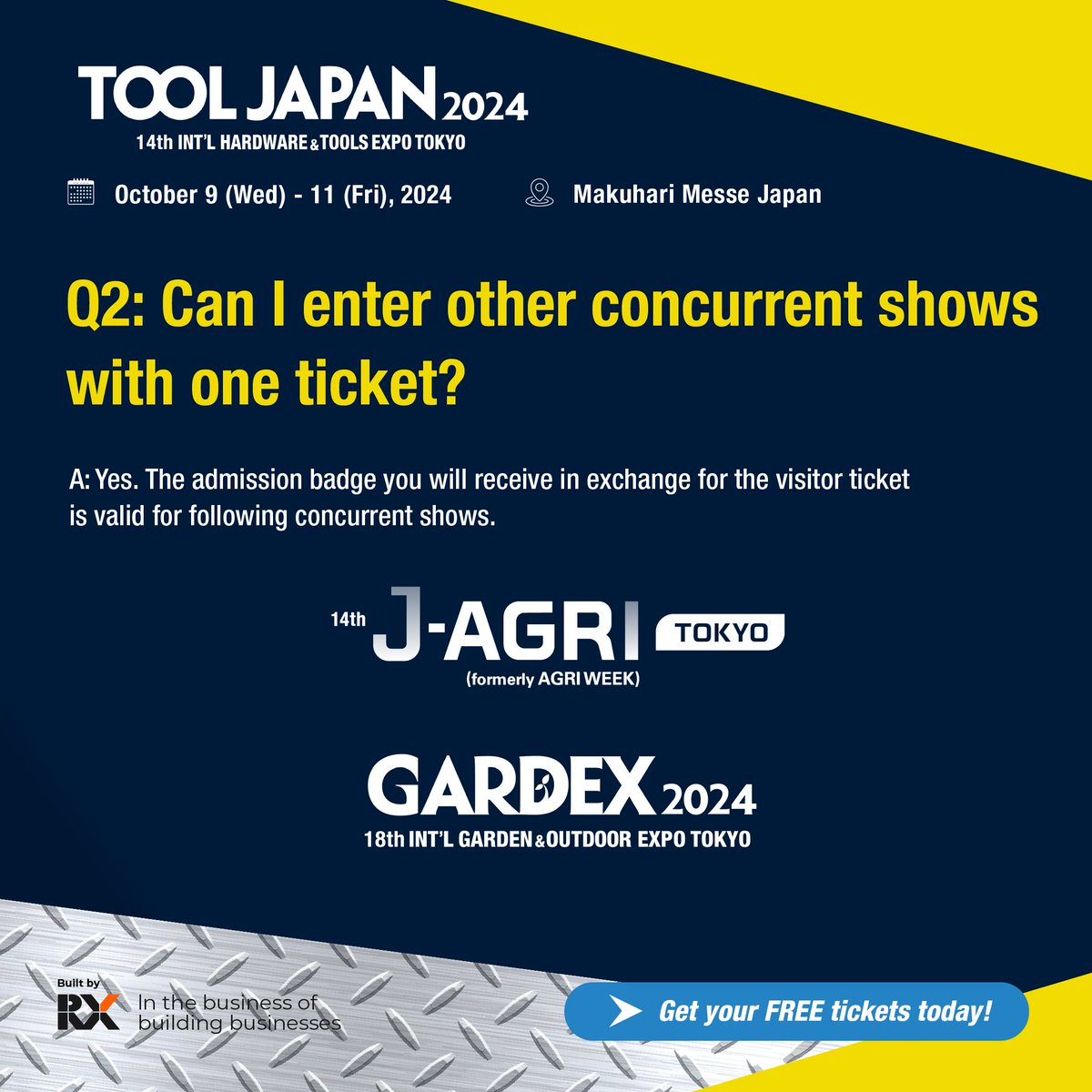 tooljapan_rx's tweet photo. TOOL JAPAN Visitor FAQ! ⚒

Got questions about attending TOOL JAPAN? We've got answers! Check our FAQ carousel for venue info, transportation tips, and event highlights to ensure a smooth visit.

👉 Register now! https://t.co/Zz9txJj4Ap

#TOOLJapan2024 #toolindustry #ToolExhibition #manufacturingtech #constructiontools #industrialdesign