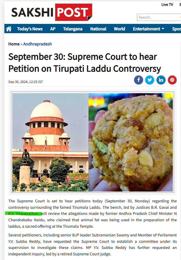 eclector1419857's tweet photo. One question :
In 2020
Justice Lalit #Recused himself from hearing a case in which @ysjagan was named because he was @ysjagan lawyer in 2011-12.
Then why is justice KV Viswanathan who was @ysjagan lawyer in 2013 did not #Recuse himself in #TTDprasadam #TirupatiLaddu case ? https://t.co/42ZCddL1fu