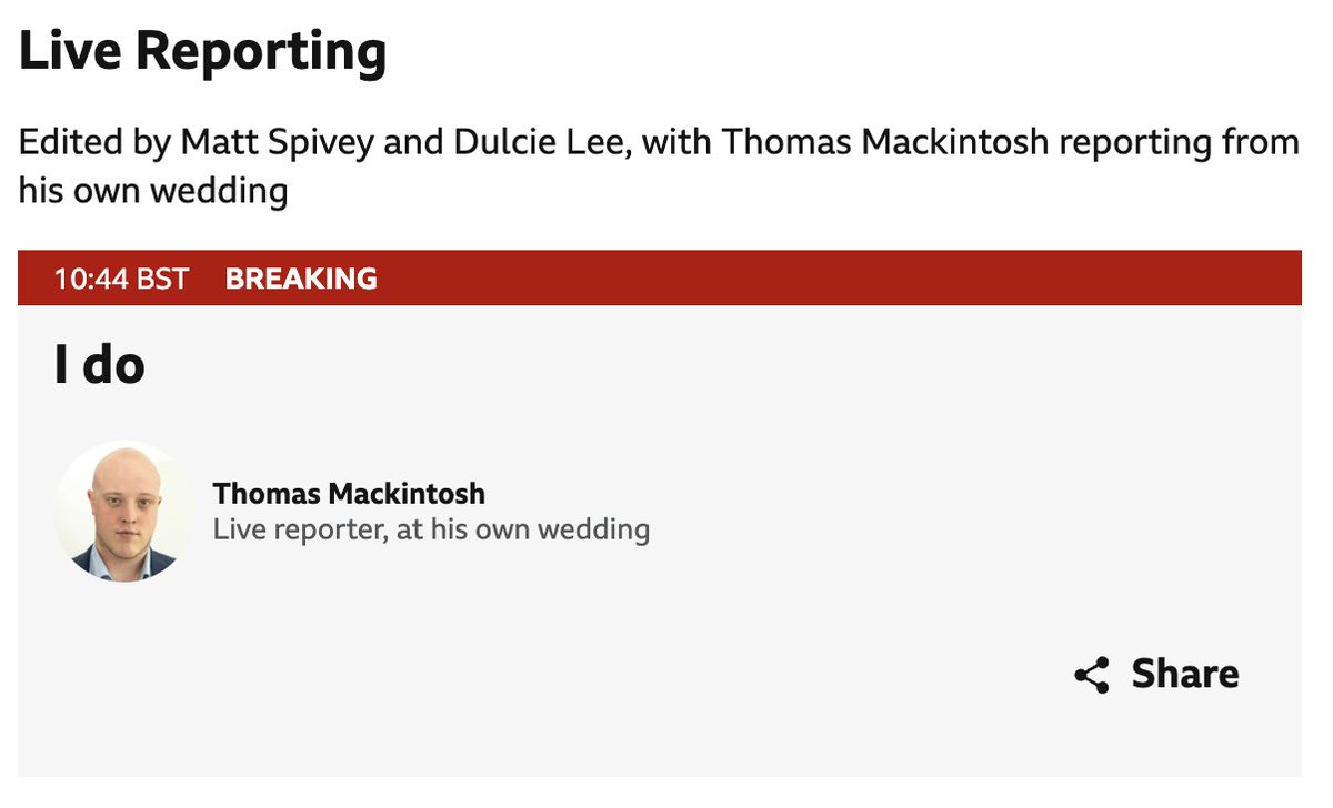 Jem Collins (@jem_collins) on Twitter photo A BBC reporter is currently live blogging his own wedding and it's kinda cute.
Congrats <a href="/T_Mackintosh/">Thomas Mackintosh</a>! bbc.co.uk/news/live/c869… A BBC reporter is currently live blogging his own wedding and it's kinda cute.
Congrats <a href="/T_Mackintosh/">Thomas Mackintosh</a>! bbc.co.uk/news/live/c869…