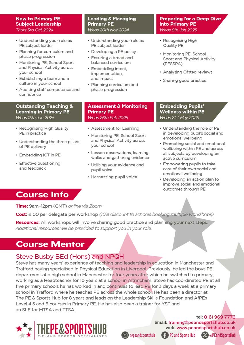 Are you new to Primary PE Subject Leadership or more experienced in the role?

Wherever you are on your Primary PE  journey, we have a workshop to support you.

Choose from six workshops to you to develop High Quality PE, School Sport and Physical Activity in your school.