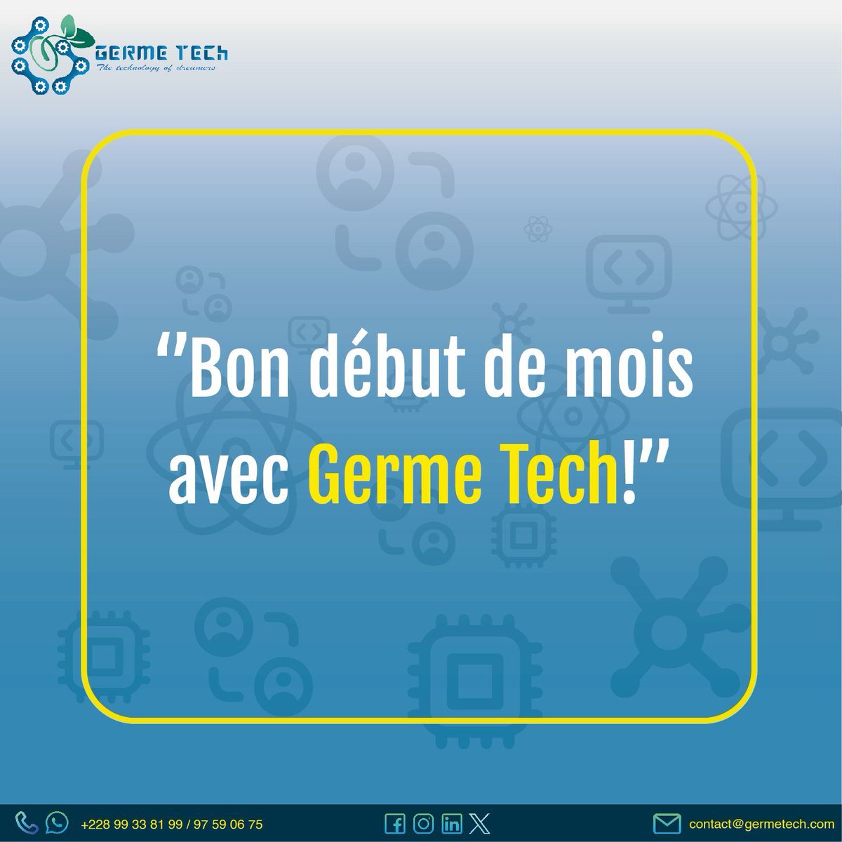 GermeTech's tweet image. C&apos;est parti pour un nouveau mois !  GERME TECH est prêt à répondre à tous vos besoins en technologie, que ce soit pour la création d&apos;un site web ou d&apos;une application mobile.
#DevelopementWeb
#SiteWeb
#SolutionMobile
#MaintenanceInformatique
 #Domotique
